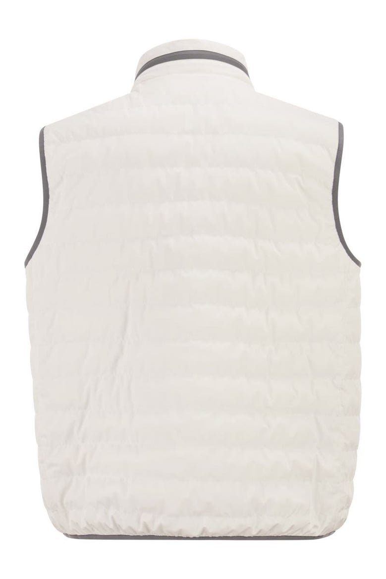 sleeveless nylon down jacket with logo and removable hood by Selfnex