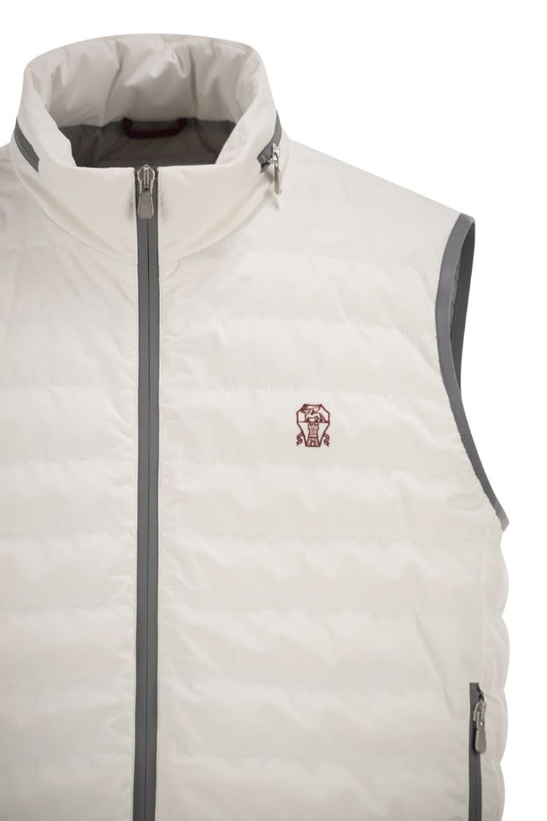 sleeveless nylon down jacket with logo and removable hood by Selfnex