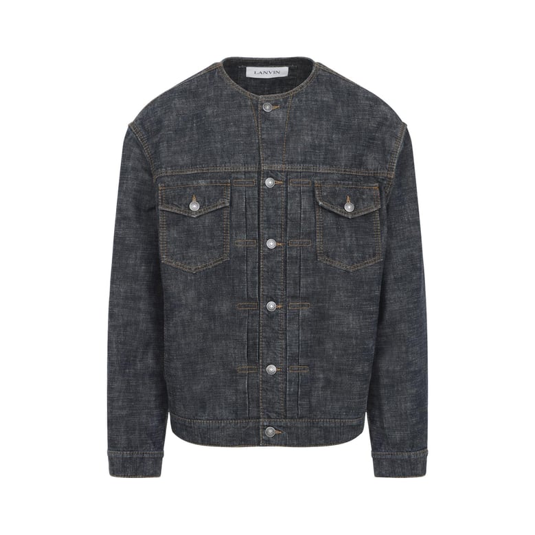 navy blue collarless cotton jacket by Selfnex