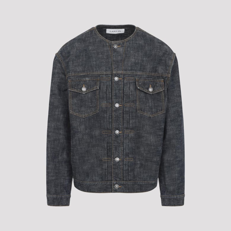 navy blue collarless cotton jacket by Selfnex