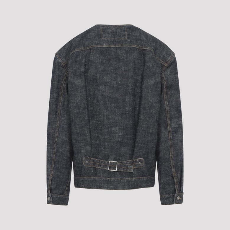 navy blue collarless cotton jacket by Selfnex