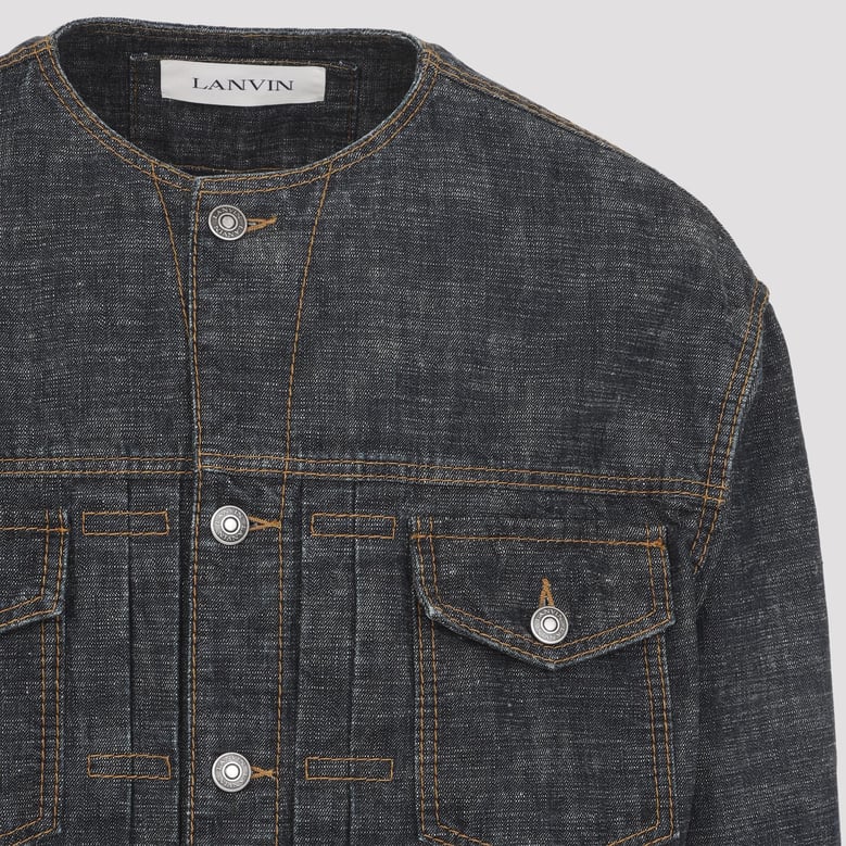 navy blue collarless cotton jacket by Selfnex