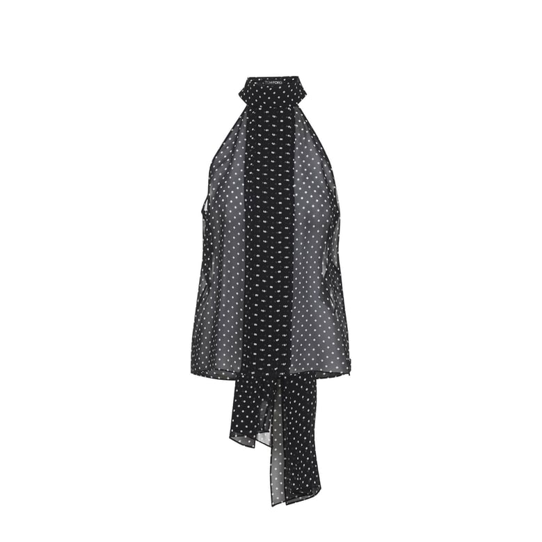 black polka dot silk top by Selfnex