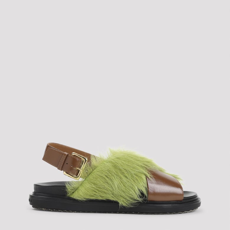 brown and lime fussbett ovine leather sandals by Selfnex