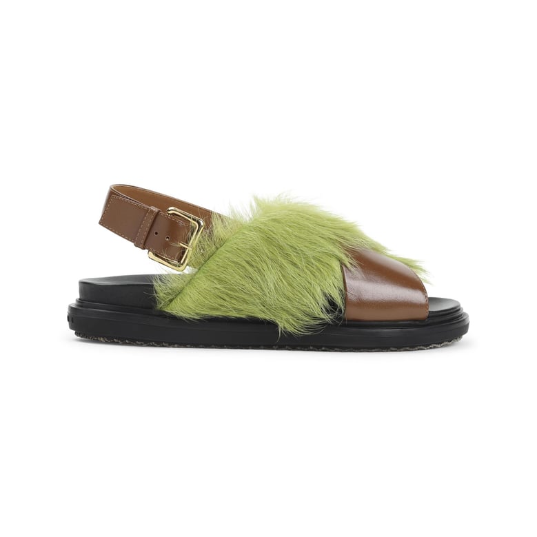 brown and lime fussbett ovine leather sandals by Selfnex