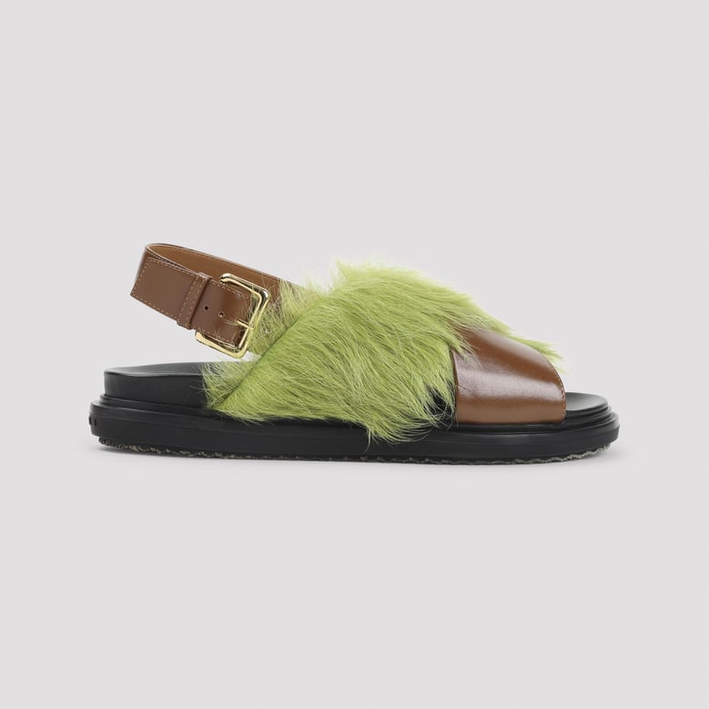 brown and lime fussbett ovine leather sandals by Selfnex