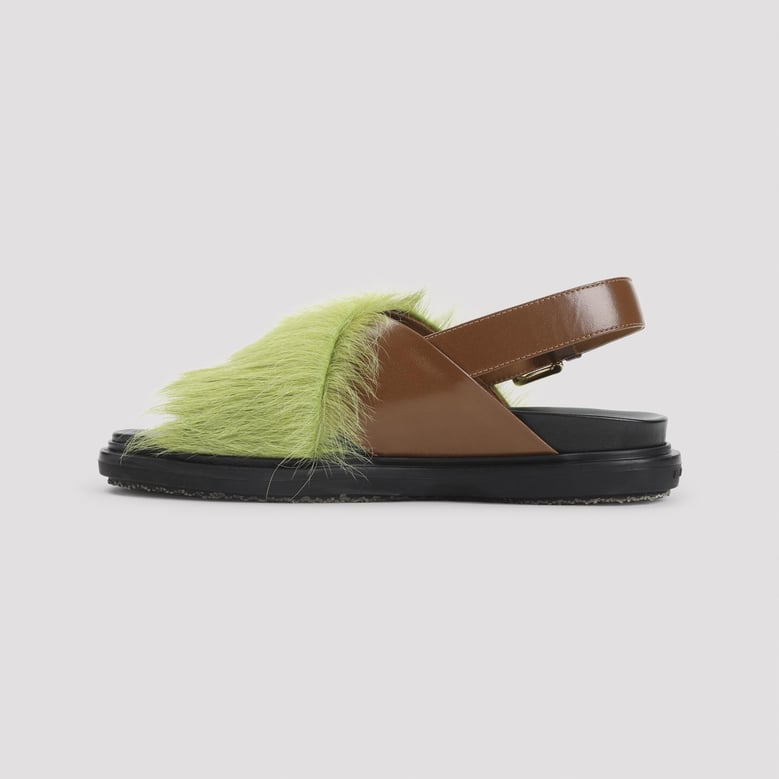 brown and lime fussbett ovine leather sandals by Selfnex