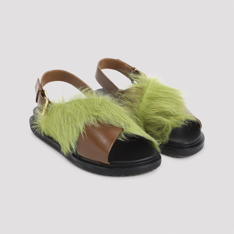 brown and lime fussbett ovine leather sandals by Selfnex