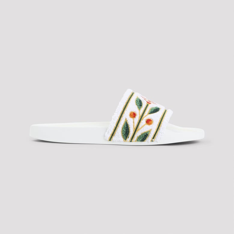 white embroidered terry sandals by Selfnex