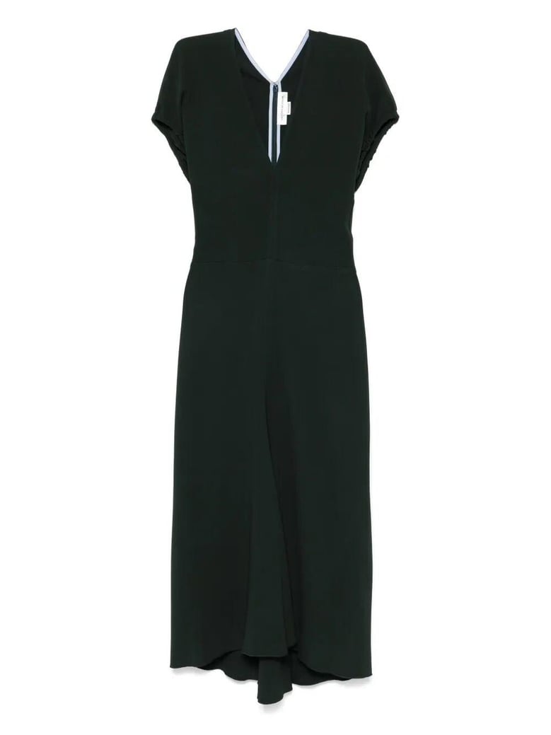 blouson detail v-neck midi dress by Selfnex