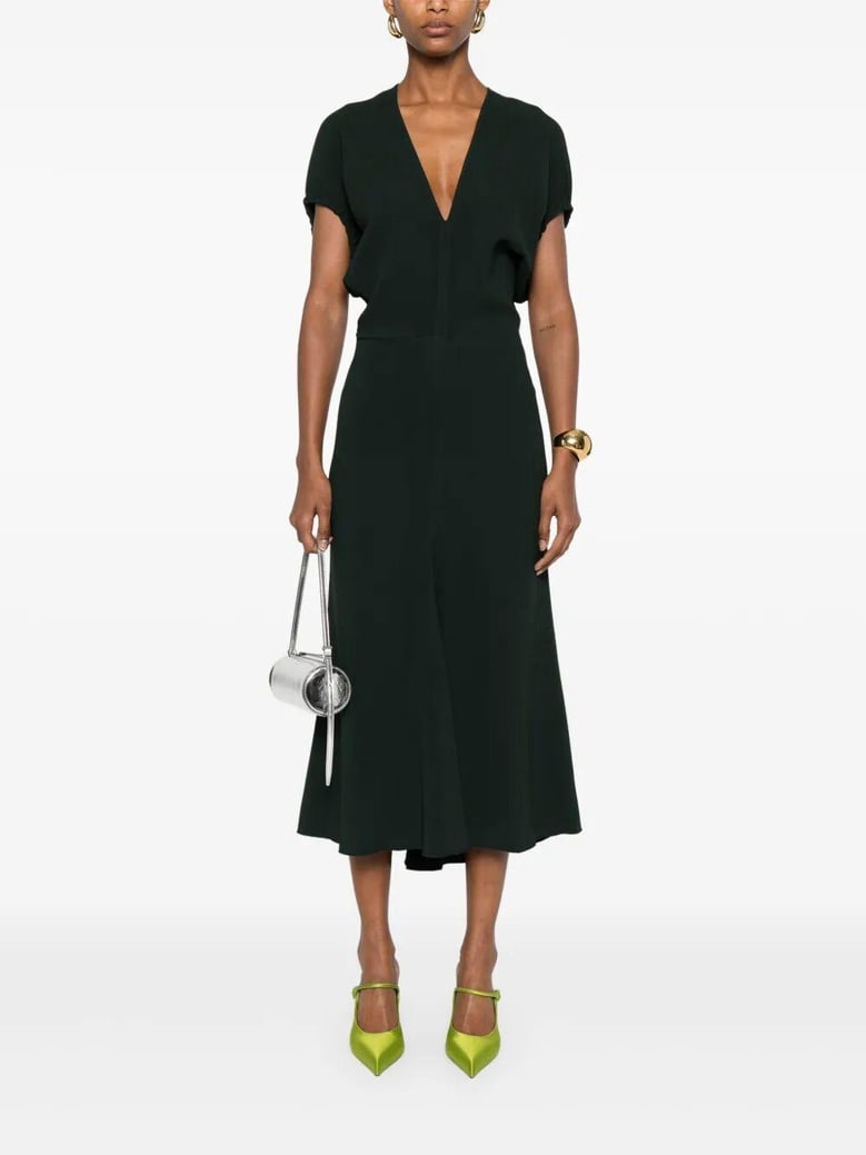 blouson detail v-neck midi dress by Selfnex