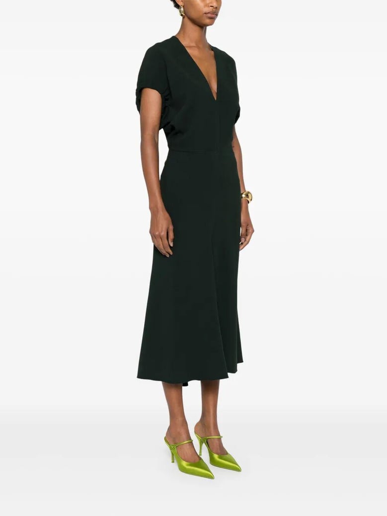 blouson detail v-neck midi dress by Selfnex