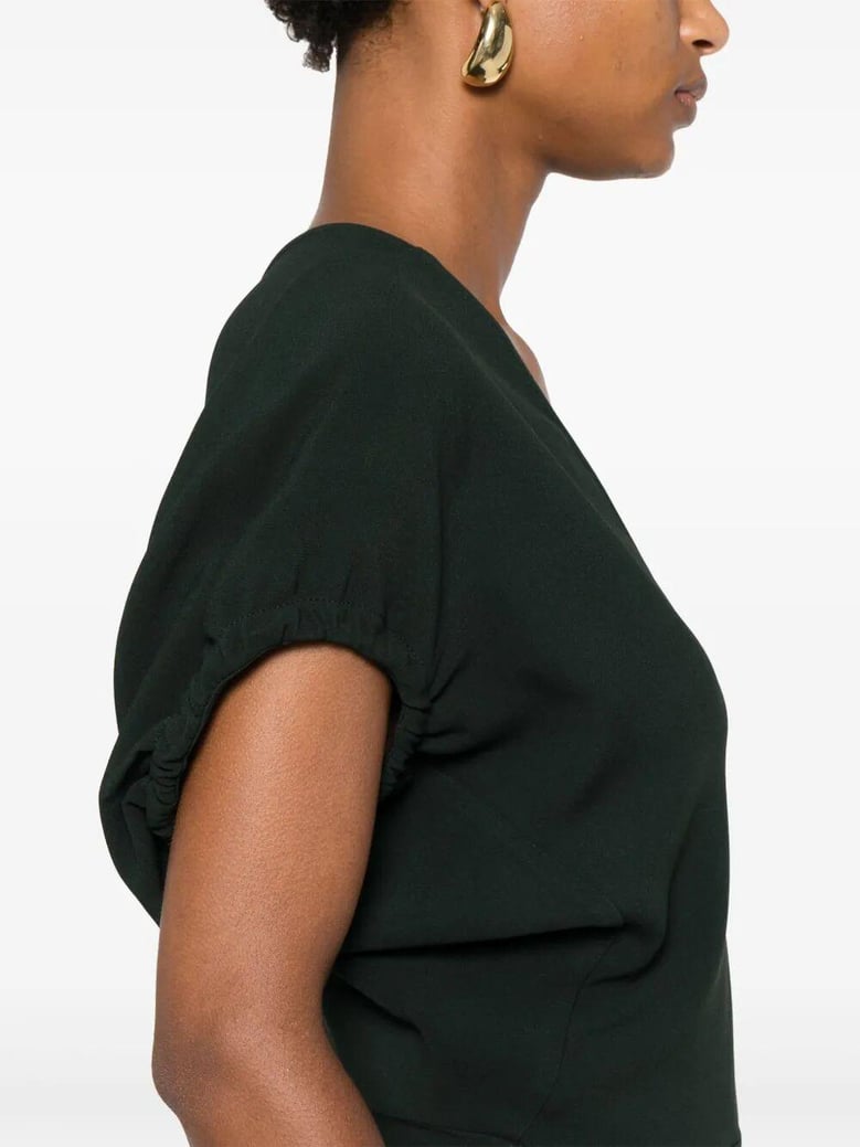 blouson detail v-neck midi dress by Selfnex