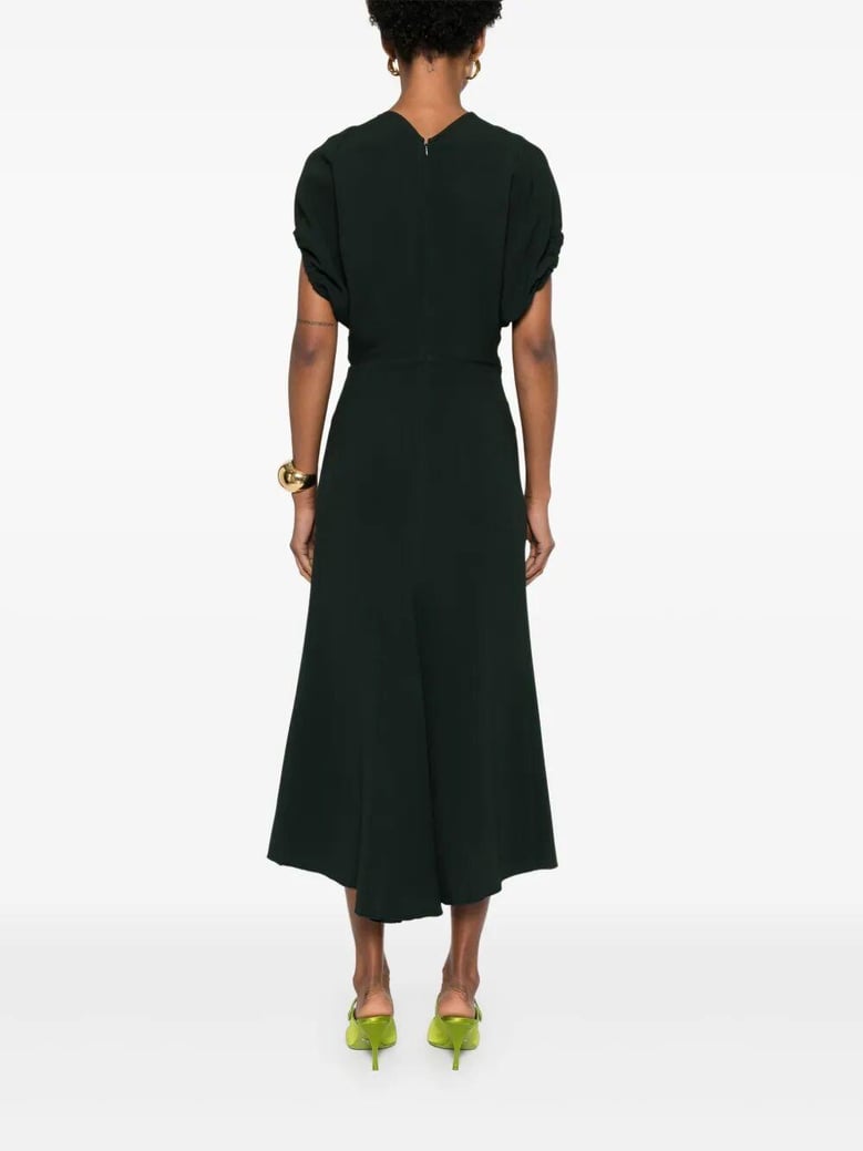 blouson detail v-neck midi dress by Selfnex
