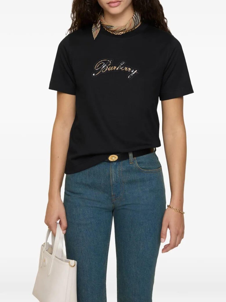 check cursive logo cotton t-shirt by Selfnex