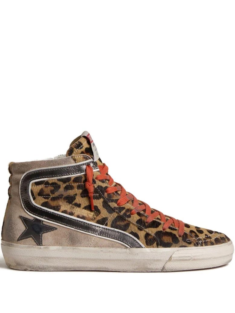 slide sneakers in leopard-print pony skin with metallic leather star and flash by Selfnex