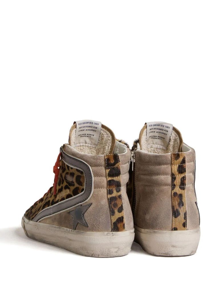 slide sneakers in leopard-print pony skin with metallic leather star and flash by Selfnex