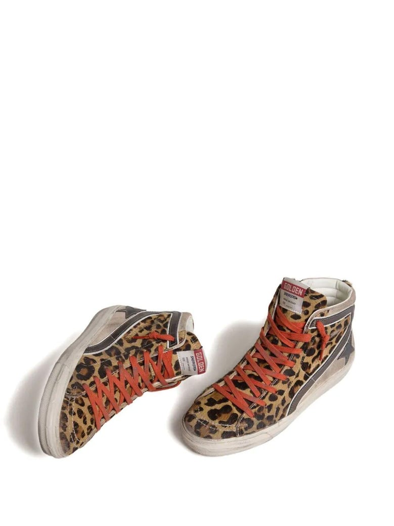 slide sneakers in leopard-print pony skin with metallic leather star and flash by Selfnex