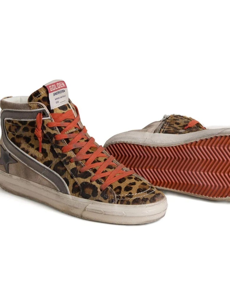 slide sneakers in leopard-print pony skin with metallic leather star and flash by Selfnex