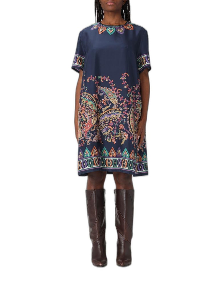 silk mini tunic dress with placed floral paisley print by Selfnex
