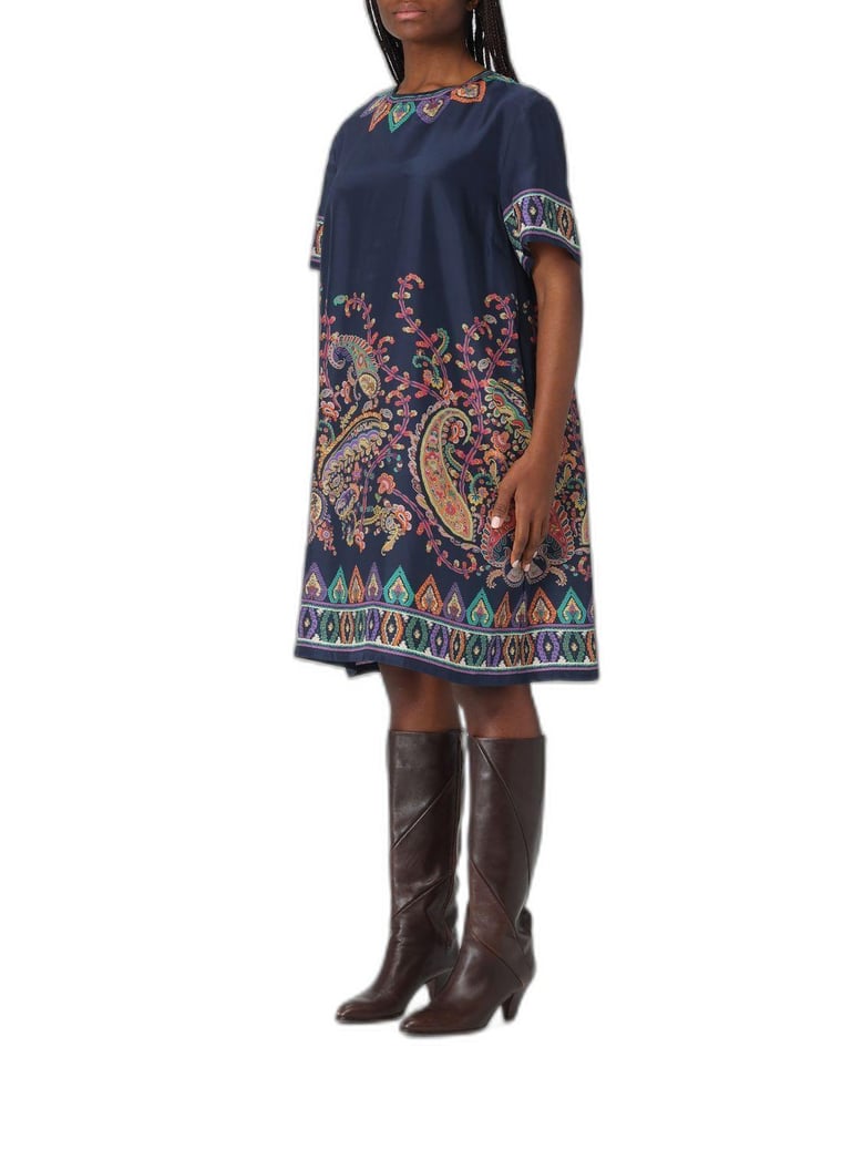 silk mini tunic dress with placed floral paisley print by Selfnex