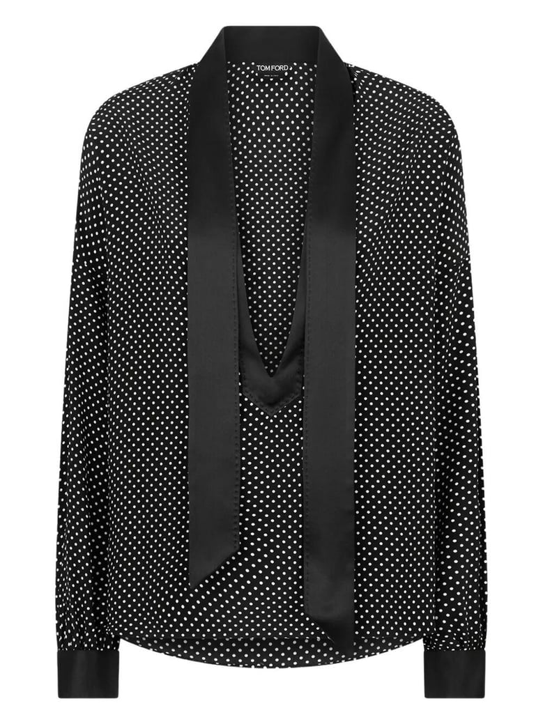 printed small polka dot silk crepe de chine lavalliere tunic top by Selfnex