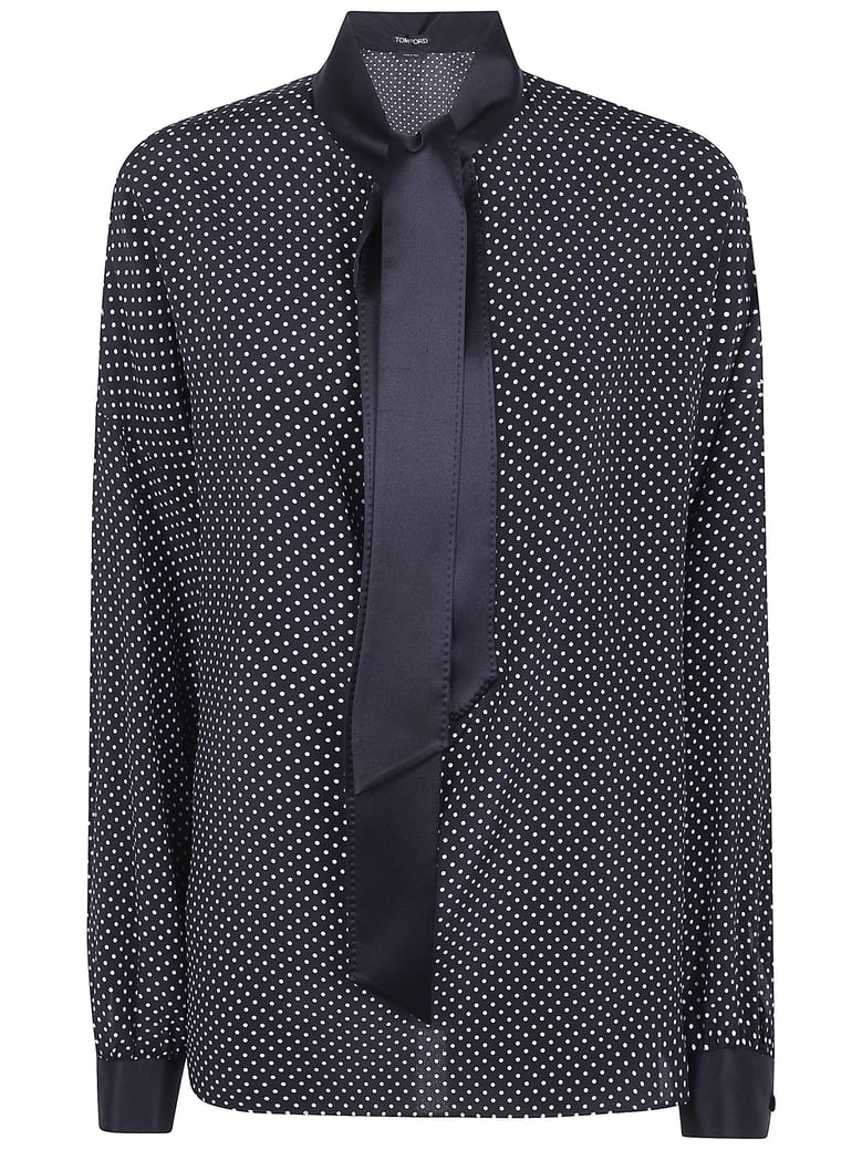 printed small polka dot silk crepe de chine lavalliere tunic top by Selfnex