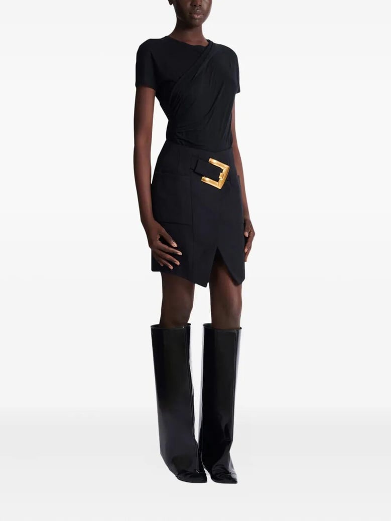 belted grain de poudre knee lenght skirt by Selfnex