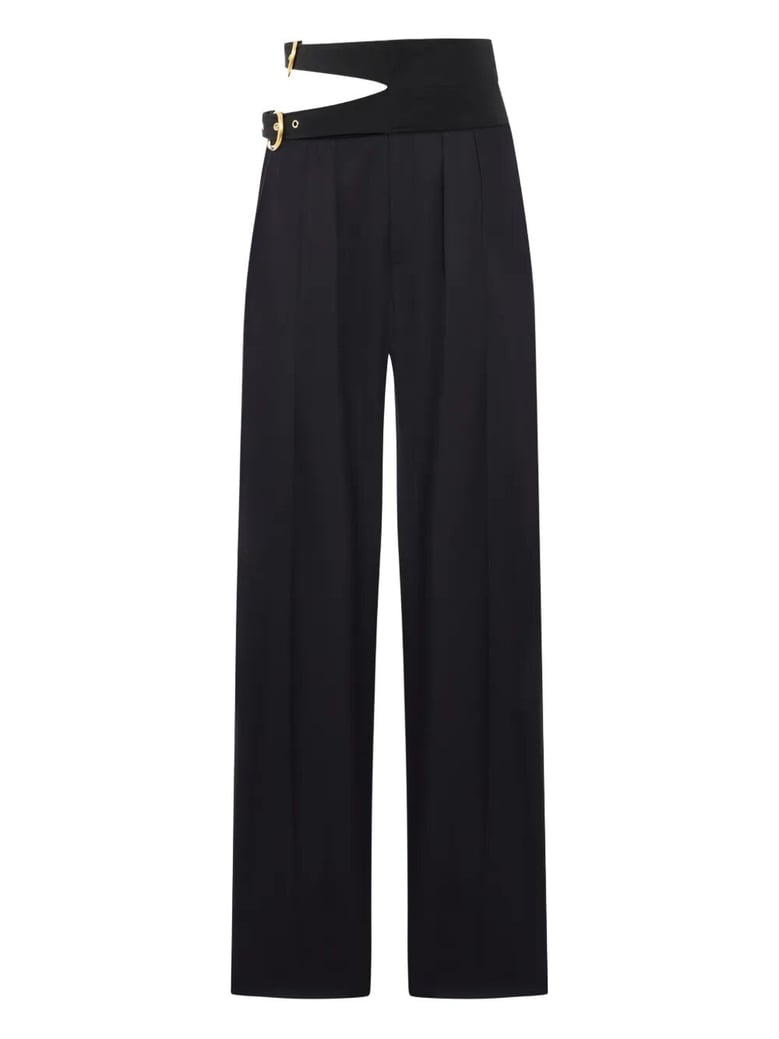 black trousers with double belt and gold buckles by Selfnex