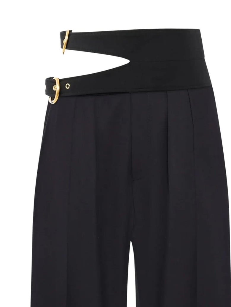 black trousers with double belt and gold buckles by Selfnex