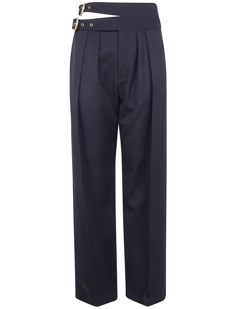 black trousers with double belt and gold buckles by Selfnex