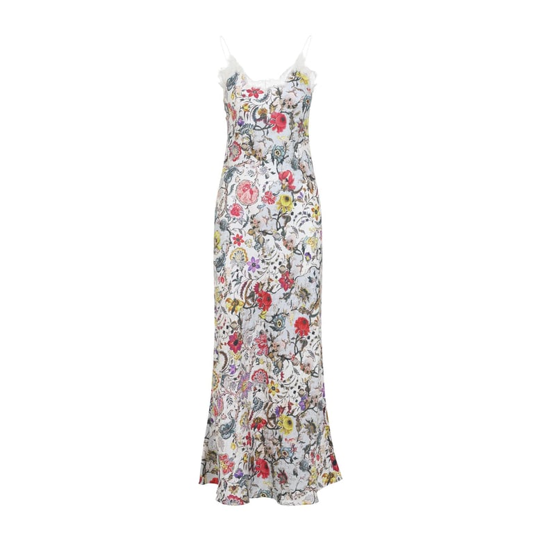 white florentine flowers silk long dress by Selfnex