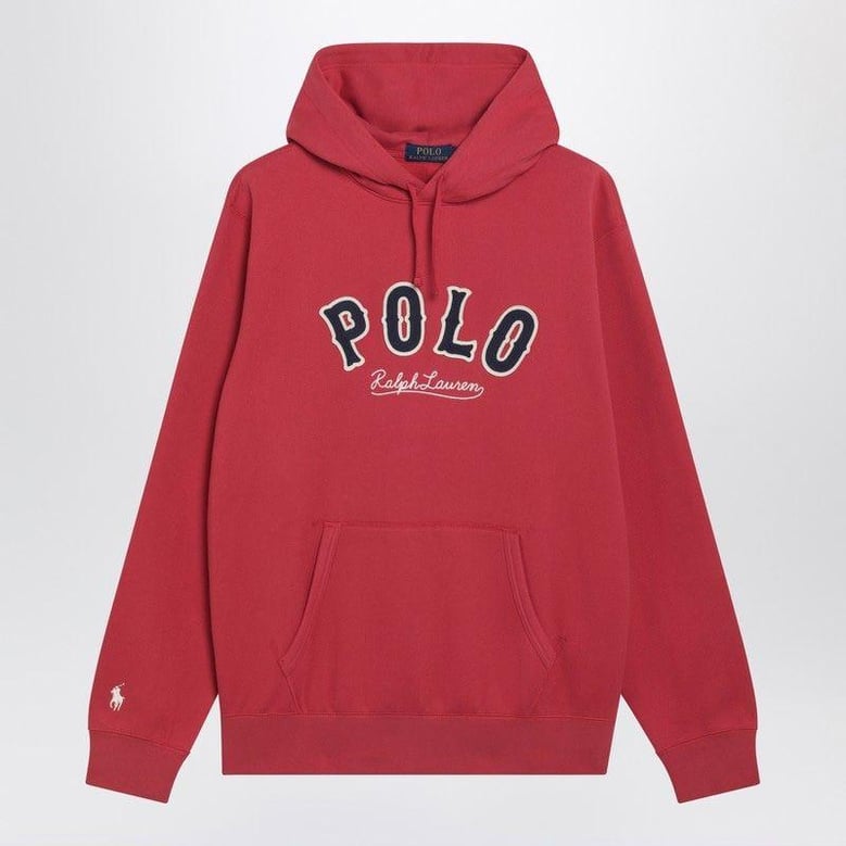red hoodie with embroidered logo by Selfnex