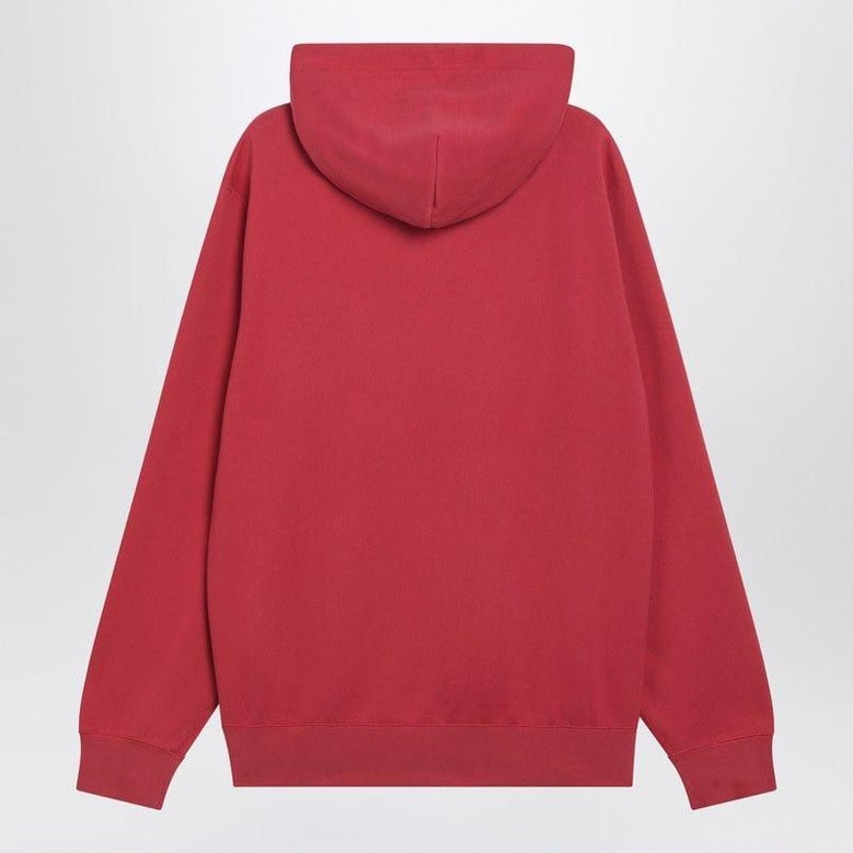 red hoodie with embroidered logo by Selfnex