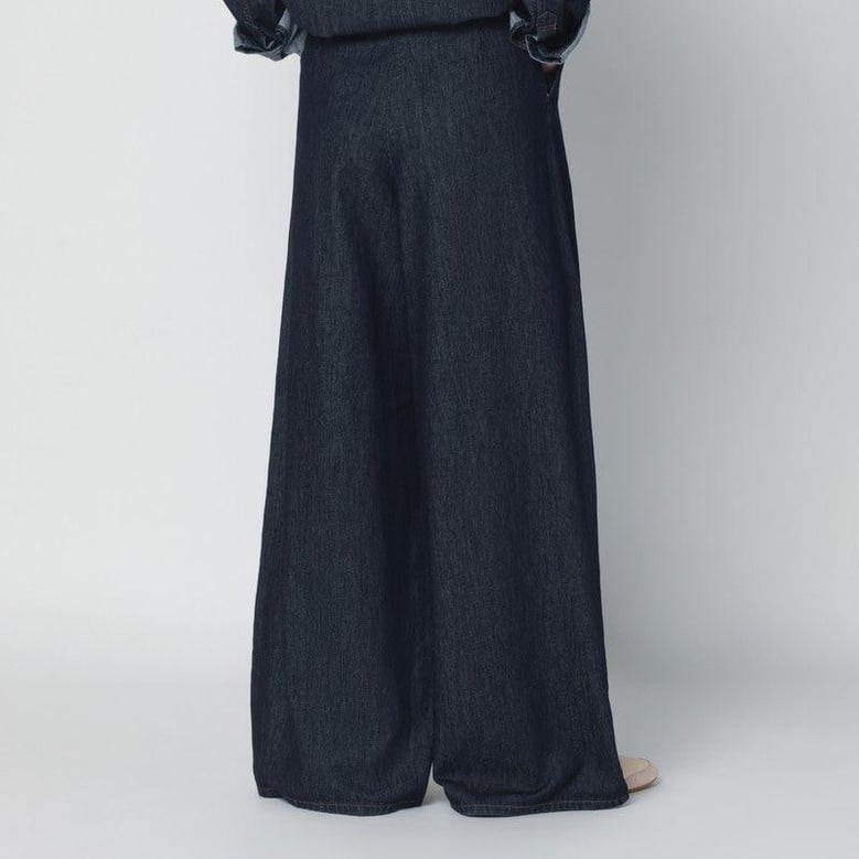indigo denim wideleg trousers with pleats by Selfnex