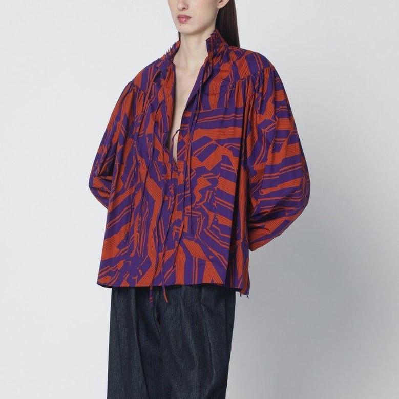 loose shirt with ruffle details and crushed stripe print by Selfnex