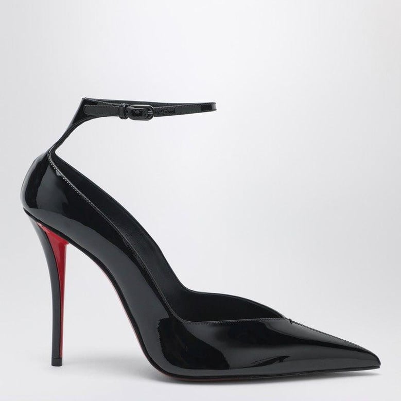black patent leather erozee pumps with ankle strap by Selfnex