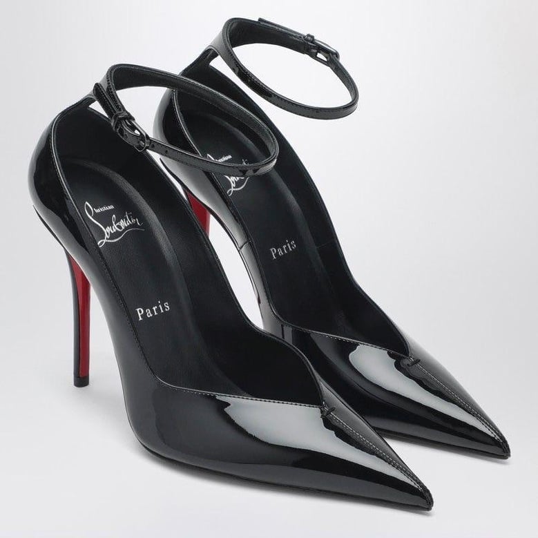 black patent leather erozee pumps with ankle strap by Selfnex