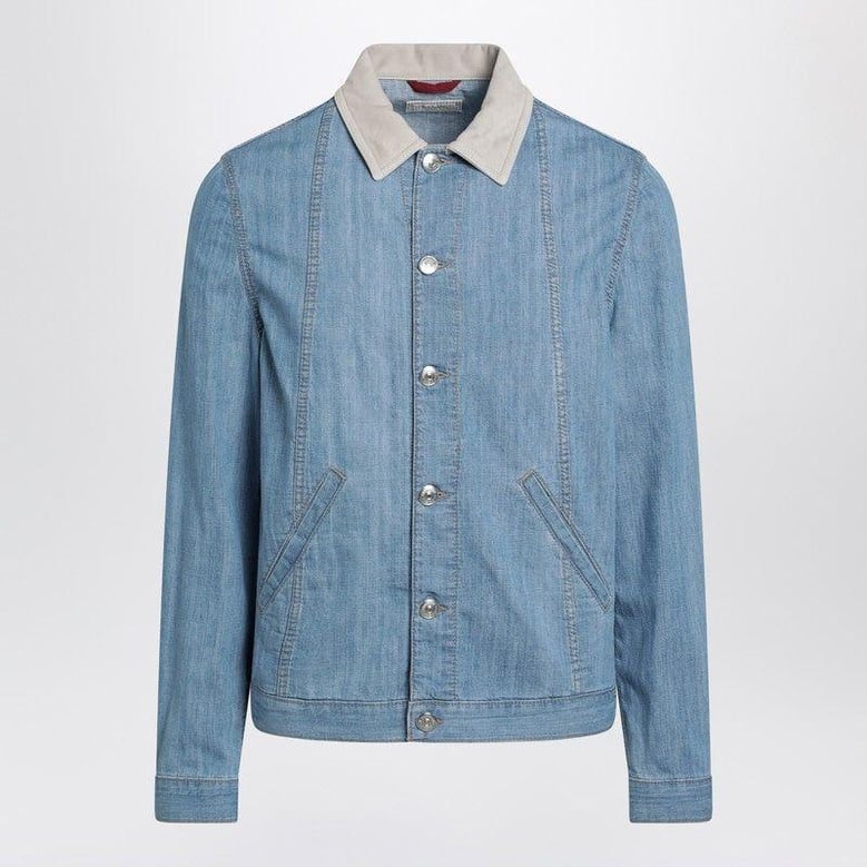blue denim jacket with suede collar by Selfnex