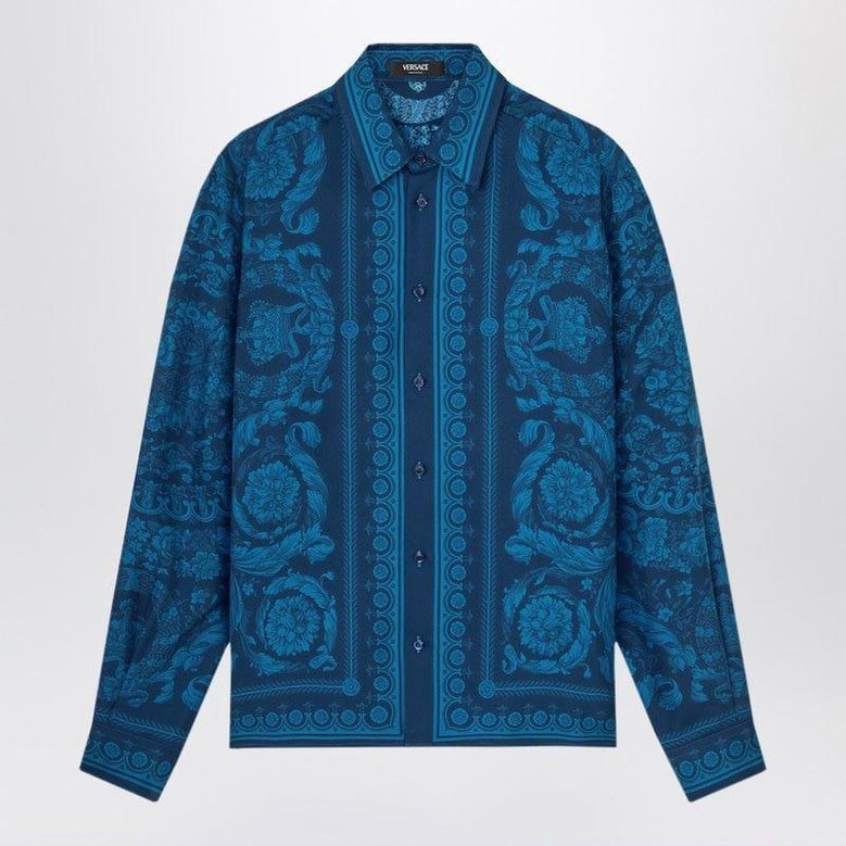 slimfit printed silk twill shirt in blue by Selfnex