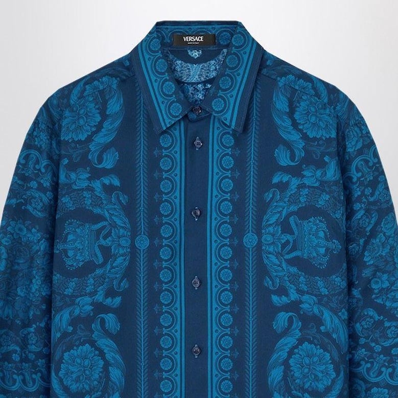 slimfit printed silk twill shirt in blue by Selfnex