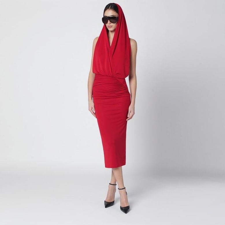 red annie hooded midi dress by Selfnex
