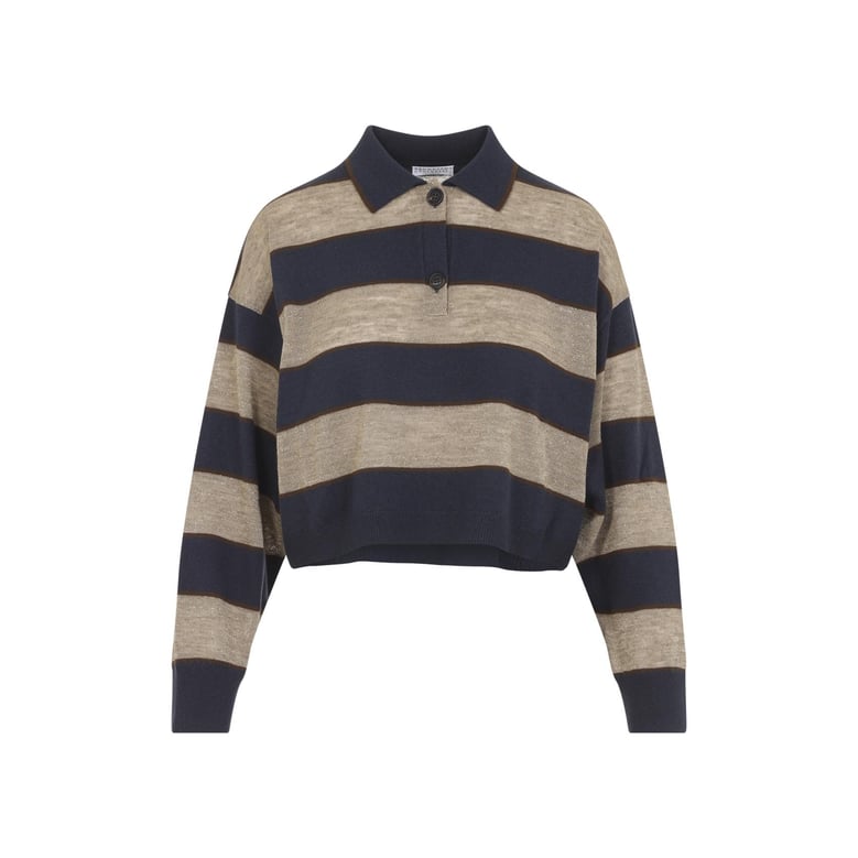 sparkling stripes cropped polo shirt in virgin wool cashmere and linen knit by Selfnex