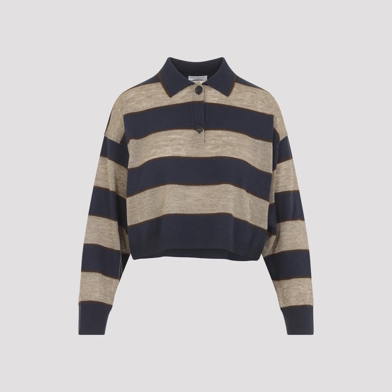 sparkling stripes cropped polo shirt in virgin wool cashmere and linen knit by Selfnex