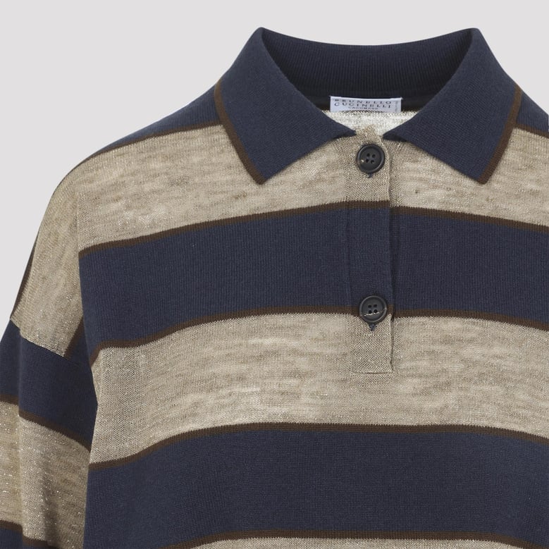 sparkling stripes cropped polo shirt in virgin wool cashmere and linen knit by Selfnex
