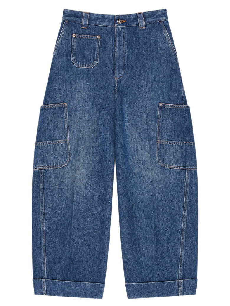 medium blue cropped cocoon cargo jeans by Selfnex