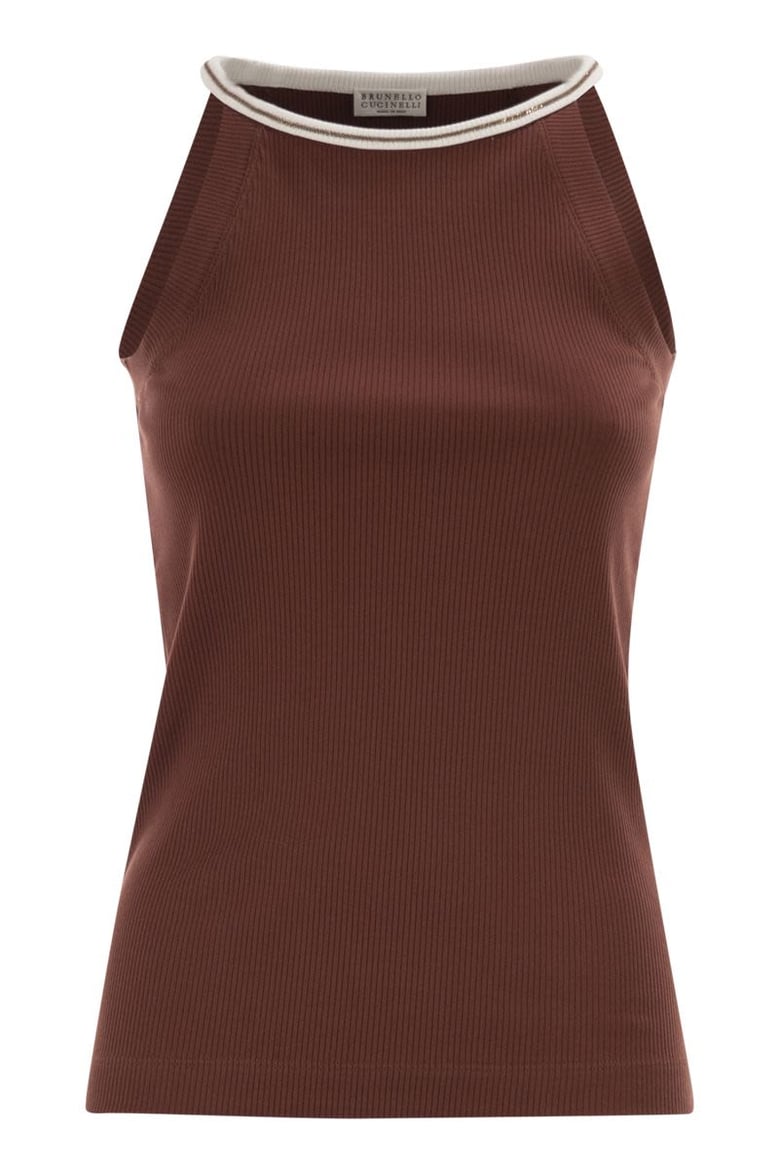 sleeveless ribbed top in stretch cotton with jewel detail by Selfnex