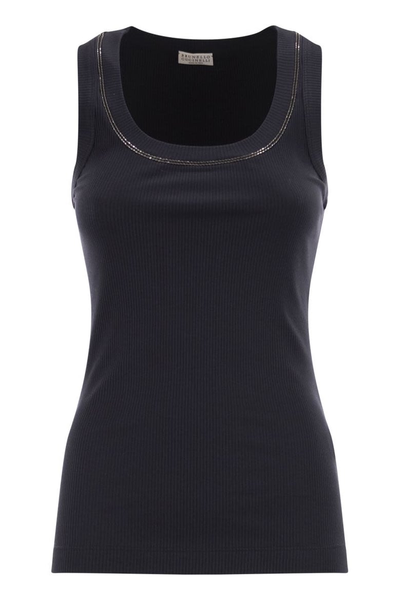 sleeveless ribbed top in stretch cotton with jewelled trim by Selfnex