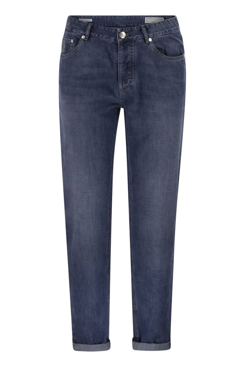 traditional fit five-pocket trousers in denim by Selfnex