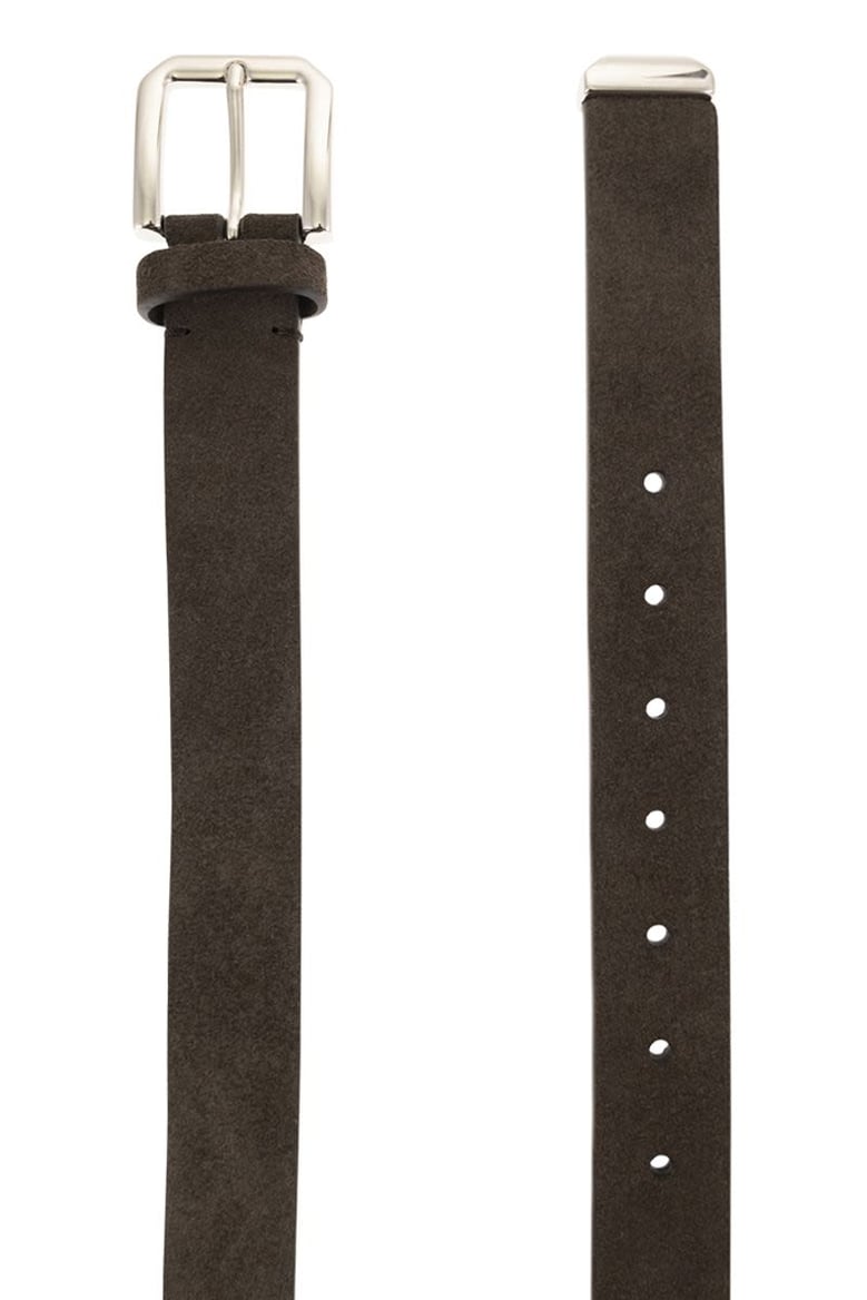 inverted leather belt with square buckle and toecap by Selfnex